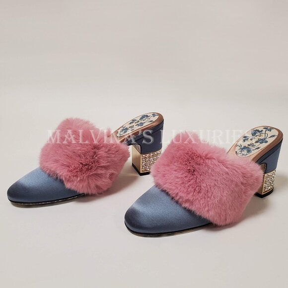 GUCCI SHOES CANDY SATIN AND FAUX FUR MULES CRYSTAL HEEL sz IT 35.5 US 5.5 - Picture 4 of 16